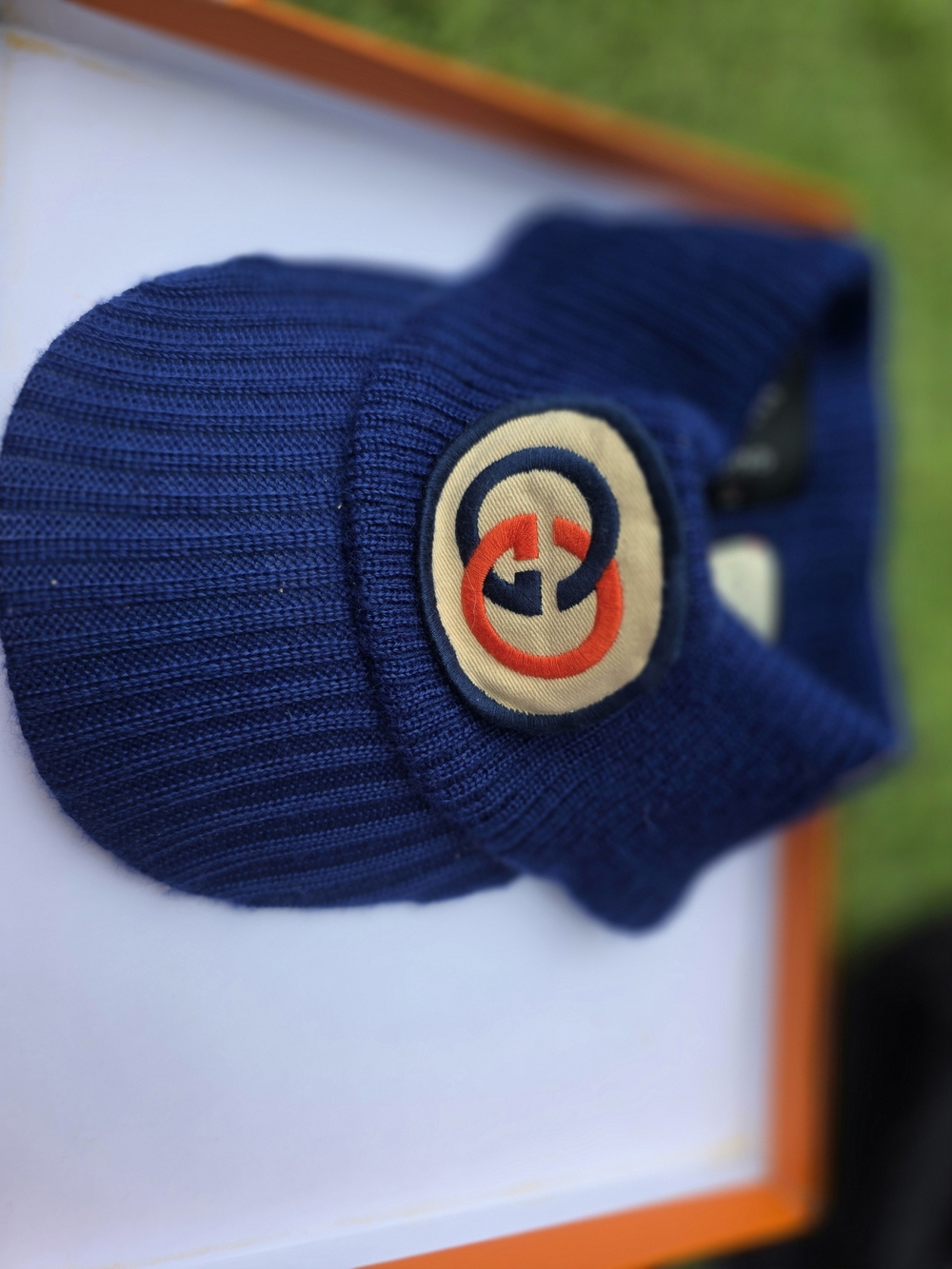 Gucci Navy Ribbed Knit Visor with Beige Patch and Red Accent